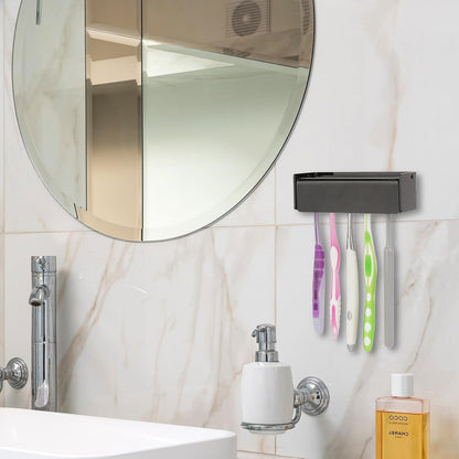 5 Slots Wall Mount Toothbrush Holder with Cover, Self Adhesive Toothbrush Storage Organizer for Shower, Toothbrush Hanger with Automatic Toothpaste Squeezer Dispenser