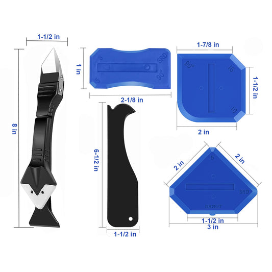 King&Charles Silicone Caulking Tool Kit, 3 in 1 Caulk Remover & Grout Removal Tool, with 4pc Glass Glue Angle Scraper