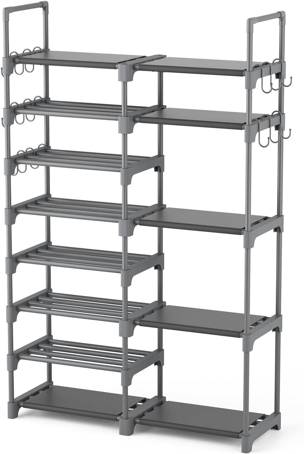 ROJASOP Shoe Rack Organizer, 8-Tier Metal Shoe Rack for Closet Entryway Garage, 26-32 Pairs Tall Shoe Boot Storage Shelf with 15 Hooks, Stackable Large Shoe Stand