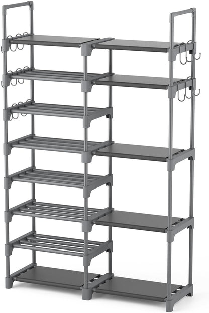 ROJASOP Shoe Rack Organizer, 8-Tier Metal Shoe Rack for Closet Entryway Garage, 26-32 Pairs Tall Shoe Boot Storage Shelf with 15 Hooks, Stackable Large Shoe Stand