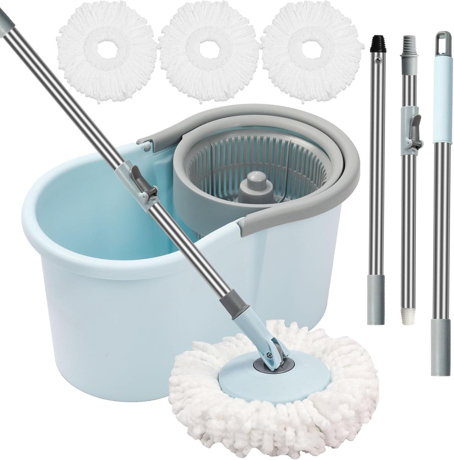 Spin Mop and Bucket with Wringer Set, 360° Spinning Mop Bucket System with 3 Microfiber Mop Replacement Heads, Adjustable Handle for Floor Cleaning (Green)