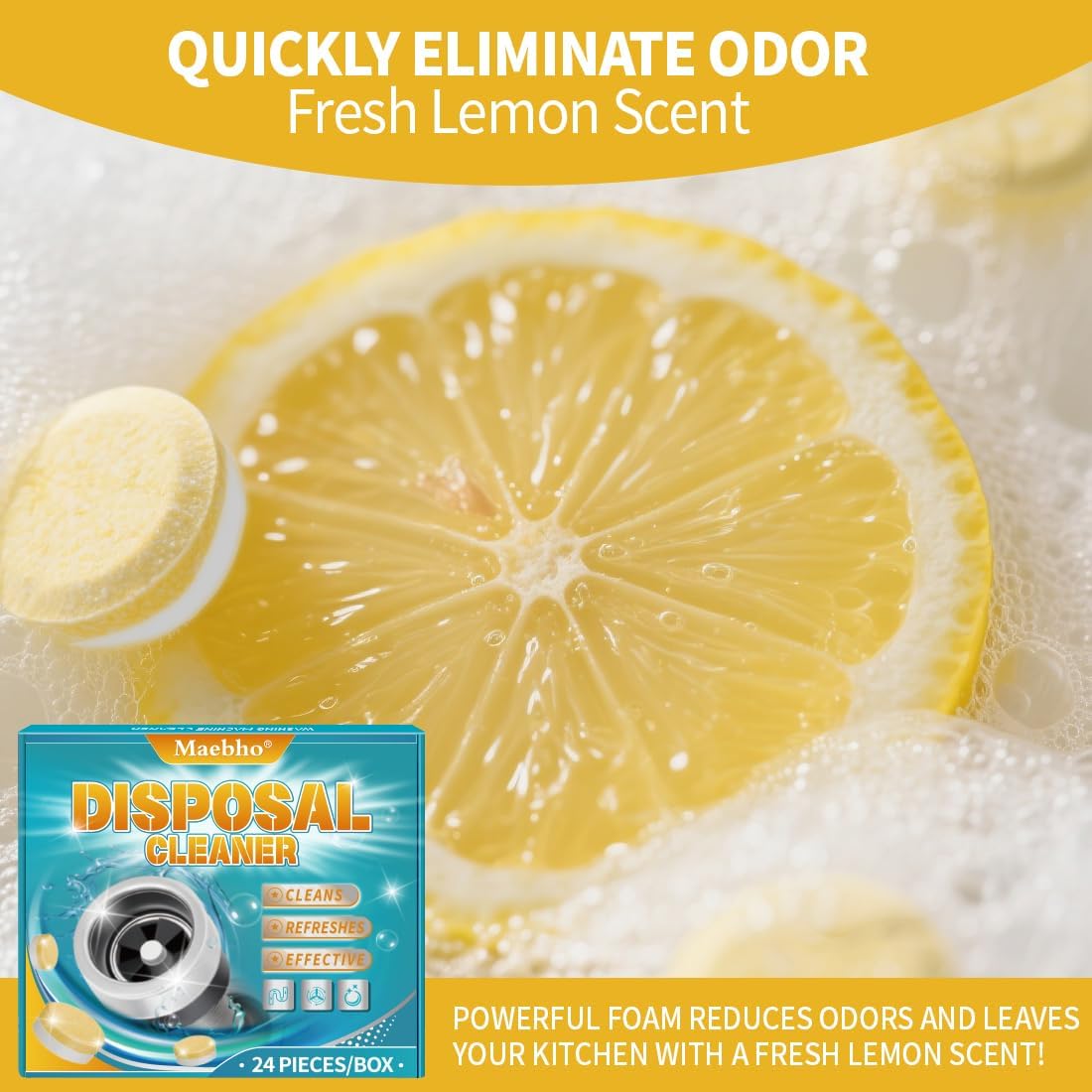 Garbage Disposal Cleaner and Deodorizer Tablets 24-Pack,Septic Safe Sink and Drain Foaming Clean Tablets,Quickly Eliminates Odors,Powerful Foaming Action,Lemon Scent – 1-Year Supply