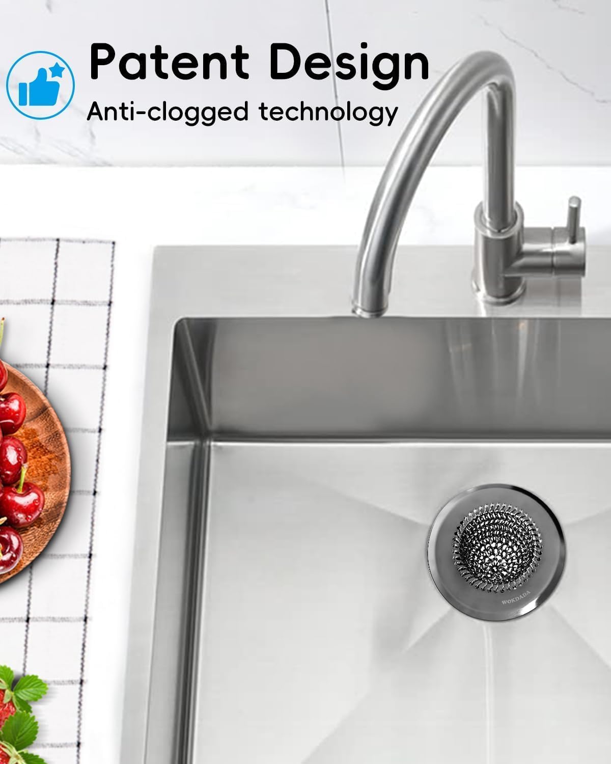 WOKDADA Upgraded Sink Drain Strainer, Patented Reversible Chain Mail Mesh | Anti-Slip Ring, Fast Drainage, Reversible Flip Clean, Rust-Proof, Universal 4.4-Inch, Large Capacity, Garbage Disposal Fit