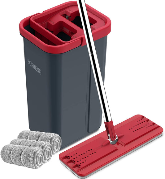 BOSHENG Mop and Bucket with Wringer Set, Hands Free Flat Floor Mop and Bucket, 3 Washable Microfiber Pads Included, Wet and Dry Use, Home Floor Cleaning System for All Floor Types and Windows