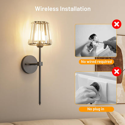 Crystal Battery Operated Wall Sconces Set of 2, Gold Rechargeable Wireless Wall Sconce Lights with Crystal Lampshade, 12 RGB and 3CCT Dimmable Wall Lamps with Remote for Bedroom Living Room Hallway