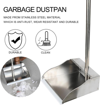 Stainless Steel Dustpan with Outdoor Stiff Bristles Broom,Long Handle Metal Dust Pan and Heavy Duty Broom for Home,Lobby,Office
