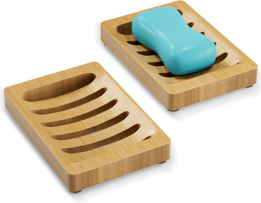 AmazerBath Soap Holder Soap Dish, Bamboo Soap Dish, 2 Pack Wood Bar Soap Holder for Shower, Trays Self Draining, Soap Saver for Shower, Bathroom, Kitchen(Natural Color)