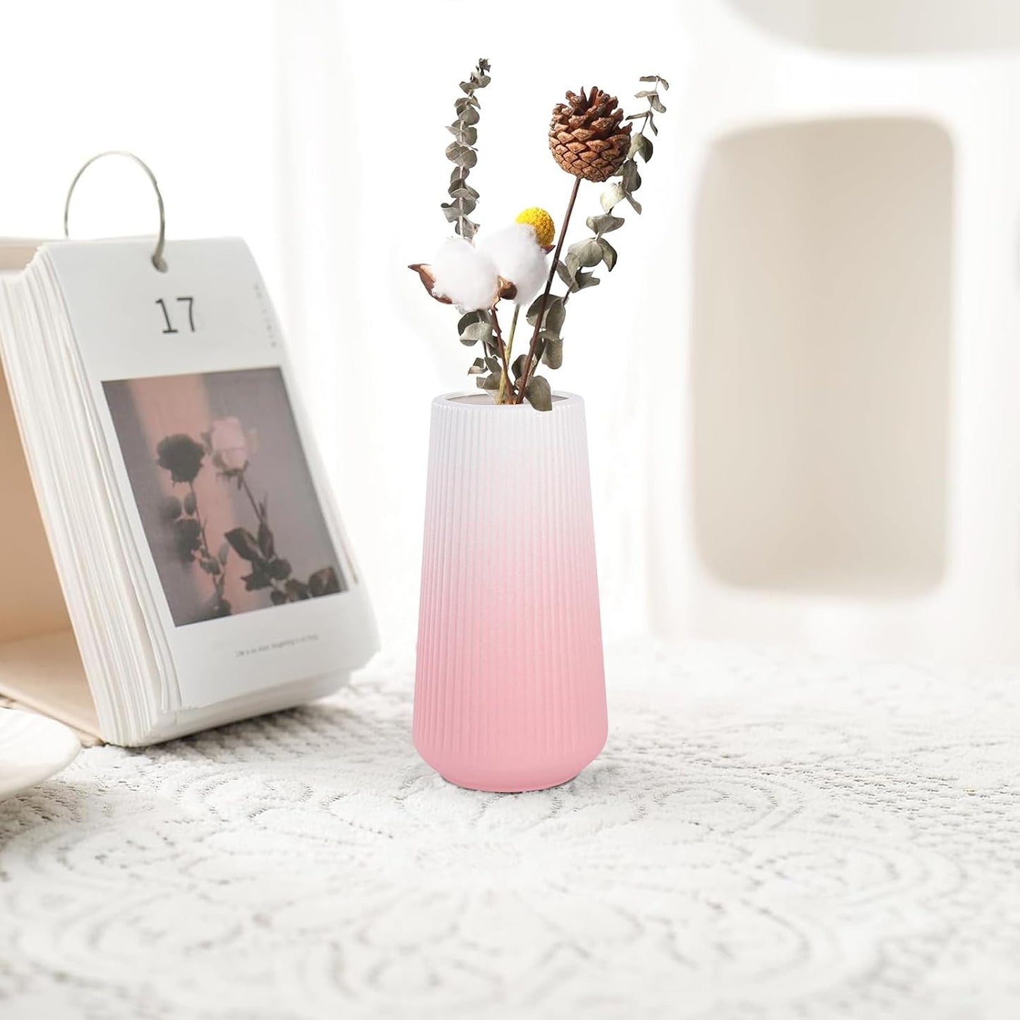 White Ceramic Vase, GUKJOB Small Cute Flower Vase for Pampas Grass, Home, Living Room, Dining Table, Farmhouse, Office Decor, Bedroom, Table, and Kitchen Shelf (White- 2PCS)