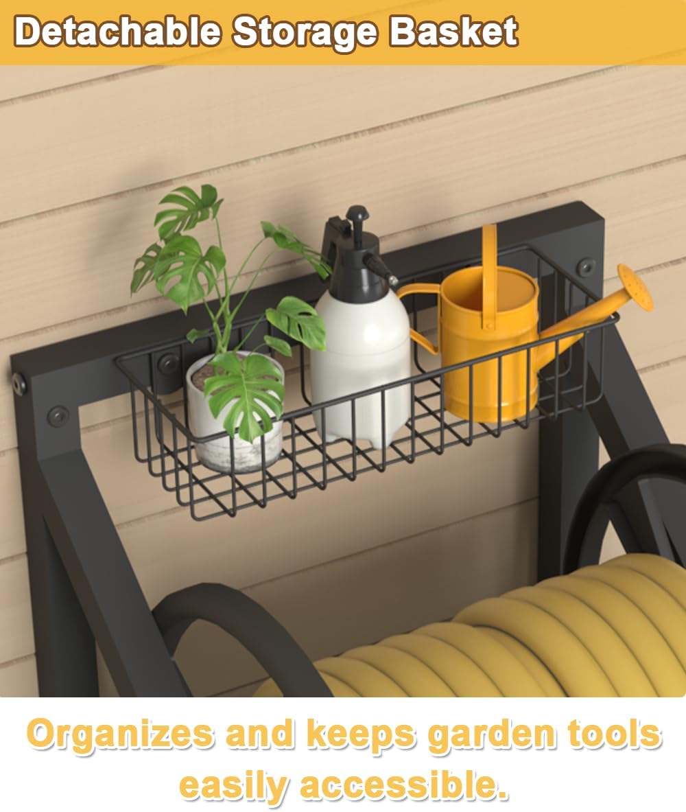 Artigarden Triangle Wall Mounted Garden Hose Reel, Outdoor Heavy-Duty Water Hoses Holder Winder, Holds 125 Ft of 5/8-Inch Hose, with 3.9 ft Leader Hose, Brass Fitting, Storage Basket for Yard, Black