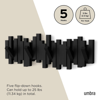 Umbra Sticks Wall-Mounted Coat Rack Rail Hook with 5 Retractable Pegs – Modern, Space-Saving Storage Organizer, Black