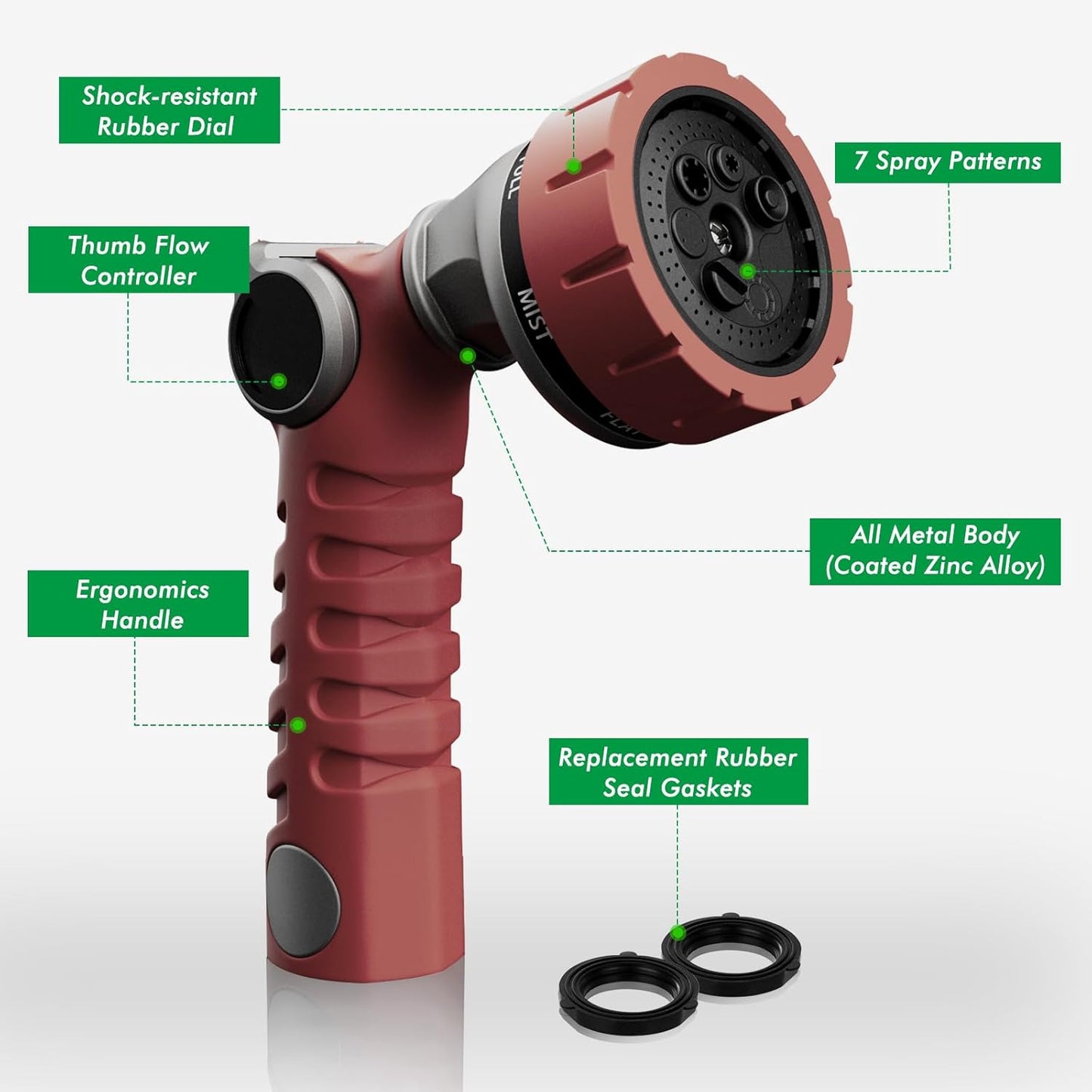 RESTMO Heavy Duty Hose Nozzle, Metal Garden Water Hose Sprayer with 7 Watering Patterns, Thumb Control, On Off Valve, High Pressure Nozzle Sprayer for Watering Plants, Car and Pet Washing, Bronze