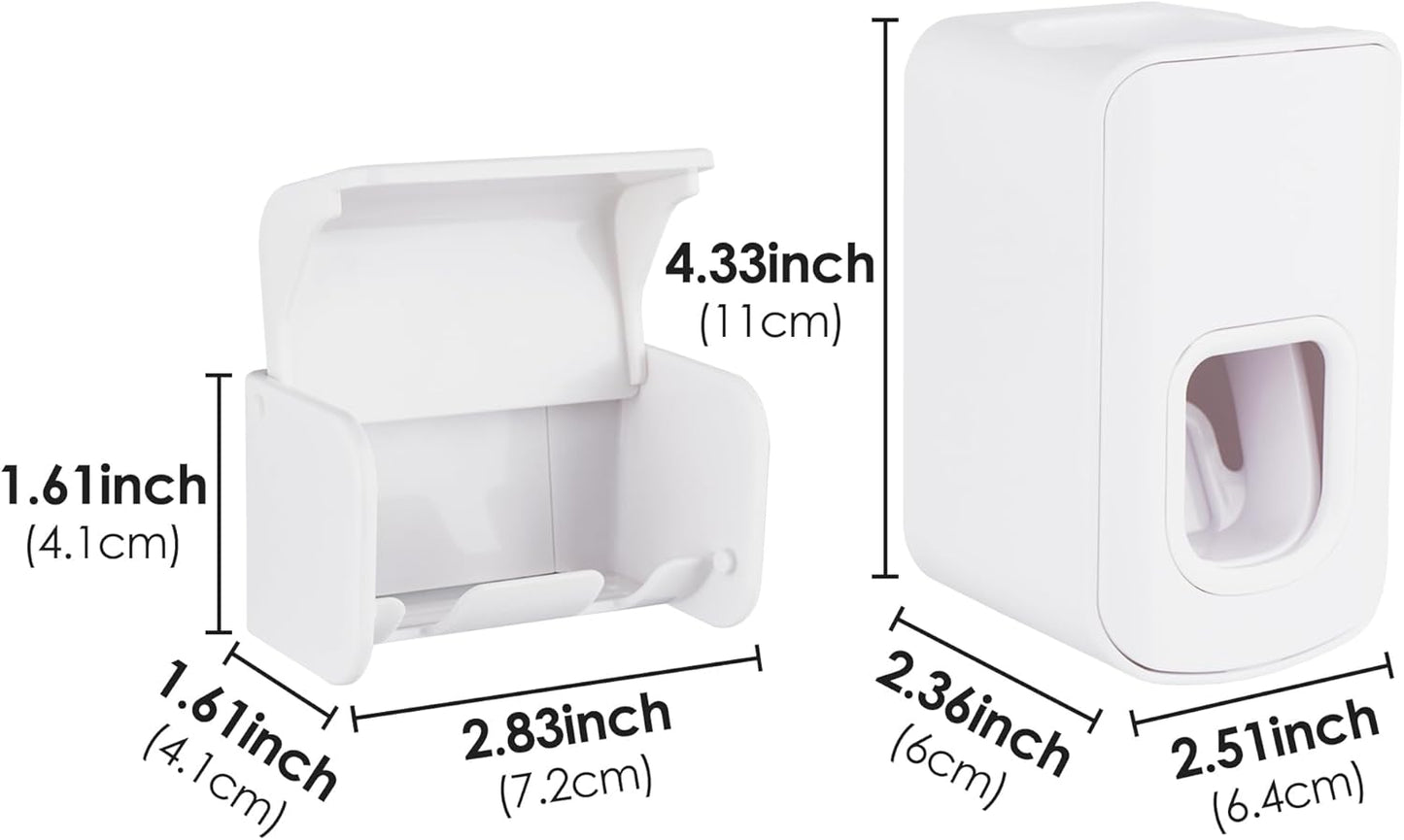 Toothbrush Holder Wall Mounted with Cover for Bathroom, 2 Slots Toothbrush Storage Organizer for Shower, Self Adhesive Toothbrush Hanger with Automatic Toothpaste Squeezer Dispenser