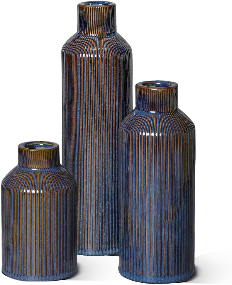 Brown Ceramic Vase Set of 3 - Rustic Farmhouse Vases for Centerpieces Small Modern Decorative Vase for Flower Kitchen Bathroom Bedroom Living Room Shelf Home Decor