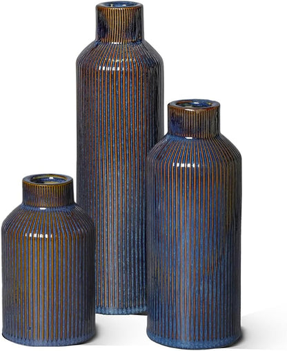 Brown Ceramic Vase Set of 3 - Rustic Farmhouse Vases for Centerpieces Small Modern Decorative Vase for Flower Kitchen Bathroom Bedroom Living Room Shelf Home Decor