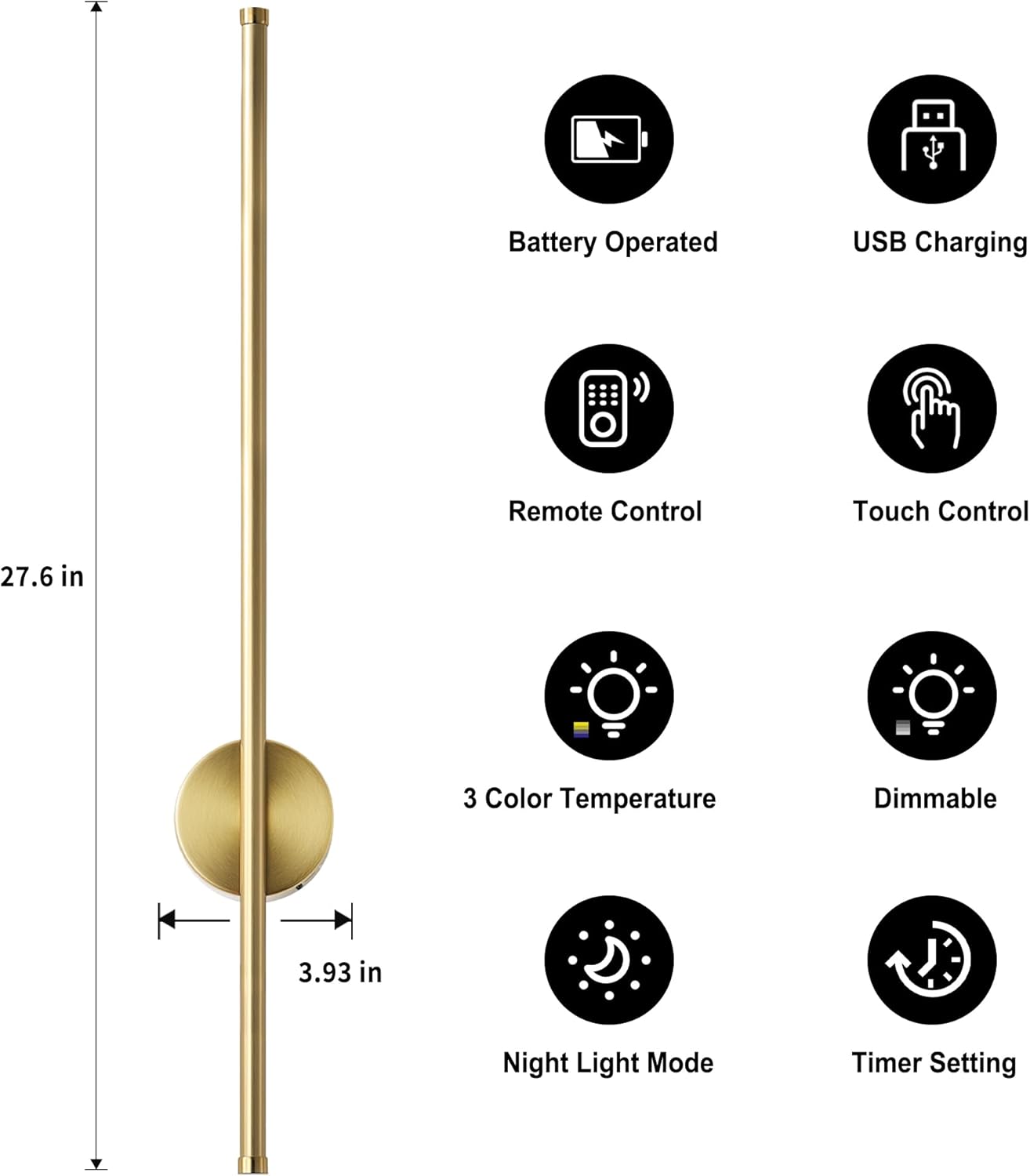 Battery Operated Modern Wall Sconces, Dimmable Wireless Wall Light Set of Two with Remote Control, 3 Color Temperatures, Rechargeable LED Wall Sconce for Bedroom, Living Room, Hallway, 23.6 Inch Brass