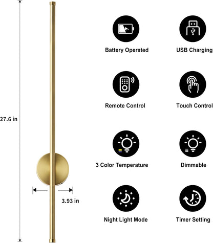 Battery Operated Modern Wall Sconces, Dimmable Wireless Wall Light Set of Two with Remote Control, 3 Color Temperatures, Rechargeable LED Wall Sconce for Bedroom, Living Room, Hallway, 23.6 Inch Brass