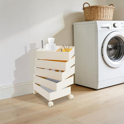 TFCFL 5 Tier Rolling Storage Cart, 360° Rotating Sofa Side Cabinet, Storage Cabinet Bedside Table for Bathroom Kitchen, Movable Narrow Cabinet with Wheels for Living Rooms, Kitchens, Offices (White)