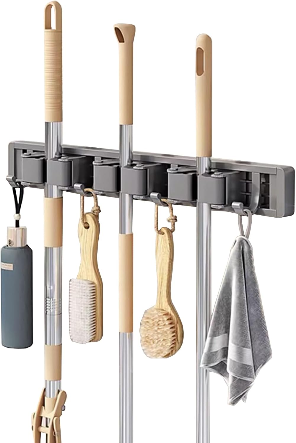 Broom Holder Wall Mount Movable Hooks and Clips Mop and Broom Hanger Wall Mounted Aluminum Garage Tool Organizer Storage Adhesive (Silver: 5 clips with 6 hooks)