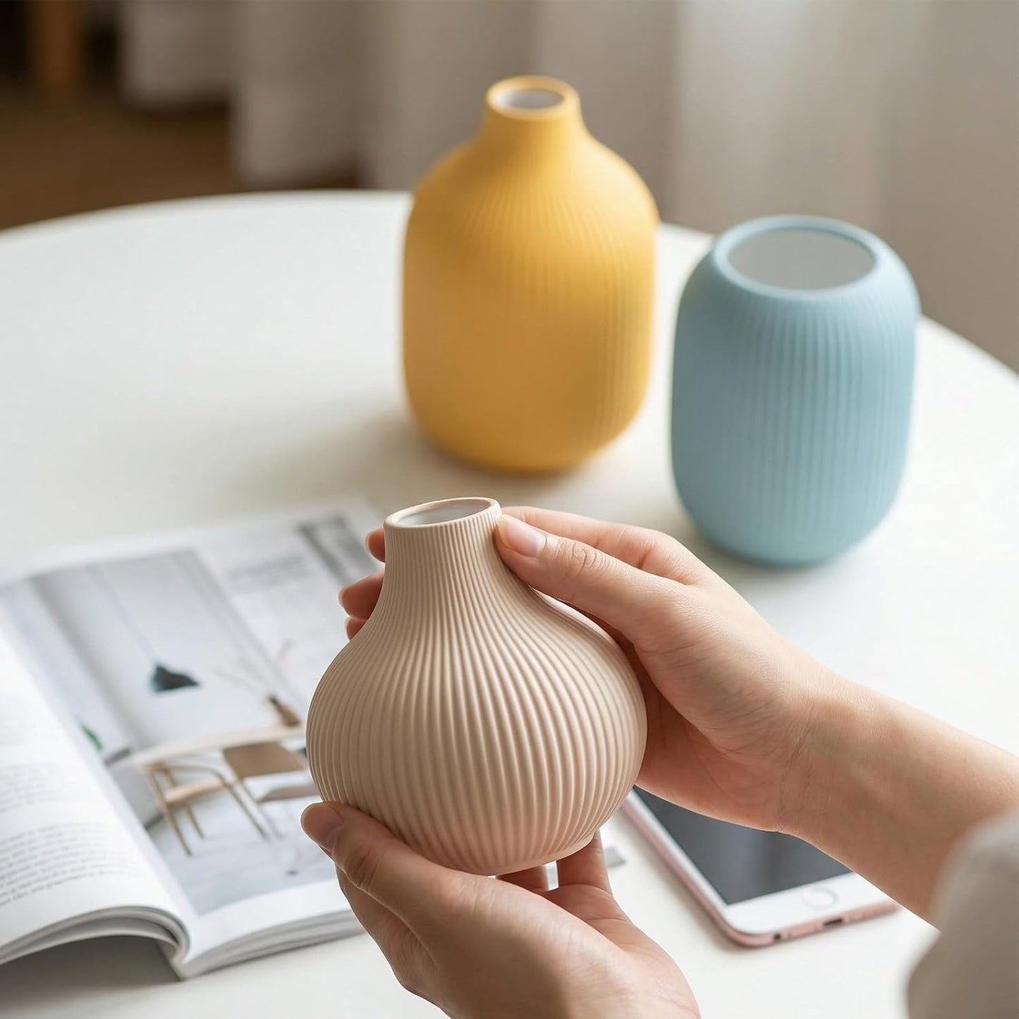 White Ceramic Flower Vases Set of 3, Modern Matte Vertical Ribbed, Nordic Minimalist Decor for Pampas, Dried & Fresh Flowers, Centerpiece for Living Room, Shelf, Entryway, Wedding,Office