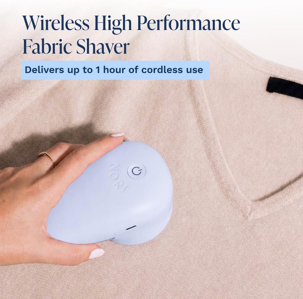 Nori Trim Fabric Shaver - Lint Remover for Clothes & Furniture Couch Pilling - Sweater Pill Remover - Clothes Shaver with 6 Precision Blades - Wireless and Rechargeable - White