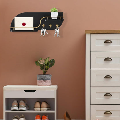 Key Holder for Wall, Decorative Key and Mail Organizer with 6 Sturdy Metal Hooks and Floating Shelf, 14 Inches Wood Wall Mounted Key Rack for Entryway, White and Gold