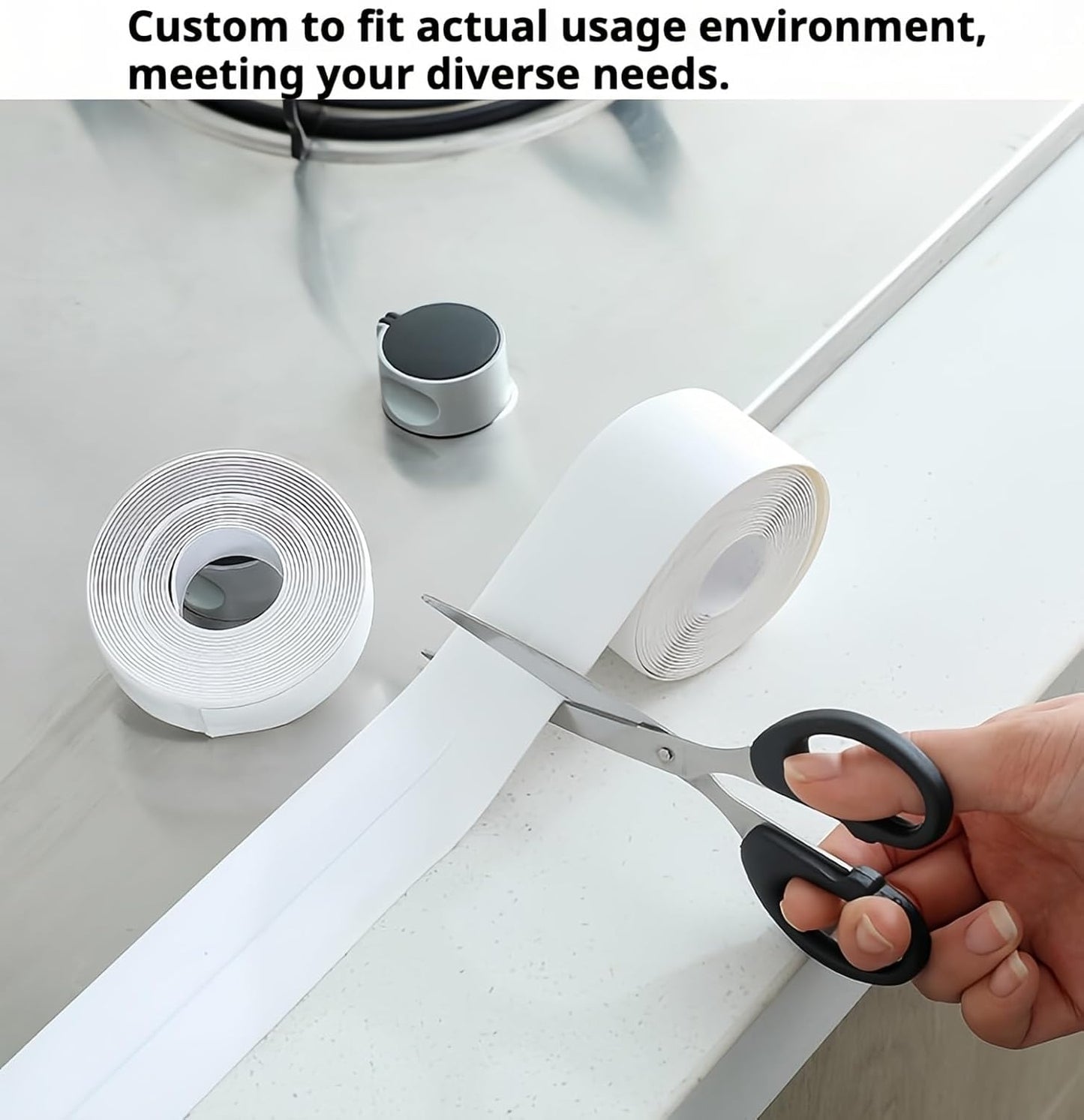 4 Rolls White Caulking Tape, Self-Adhesive Waterproof Sealant Tape for Kitchen, Bathroom, Bathtub, Toilet Base, Countertop Edge Protector, Wall Floor with Sealing Tools (126 x 1.5in)