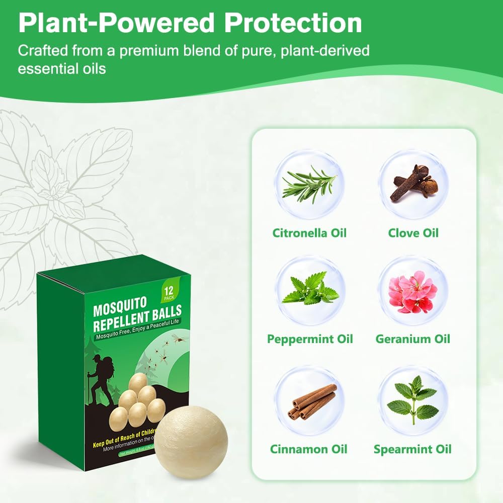12 PCS Mosquito Repellent Balls, Plant-Based Formula Mosquito Repellent Outdoor Patio Garden Camping RV Use, Powerful Bug Repellent Ball for Indoor Outdoor Mosquito Repelling, DEET-Free Kid & Pet Safe
