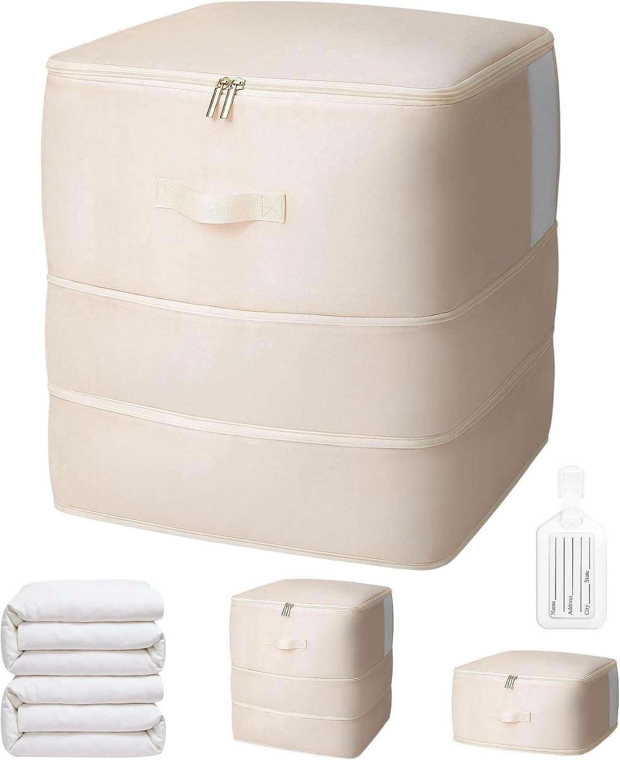 4 Pack Comforter Storage Bag, 68L Blanket Storage Bags Self Compression Comforter Organizer and Storages, Space Saving Washable Compression Bags for Blanket Bedding Pillow Duvet Quilt, Beige