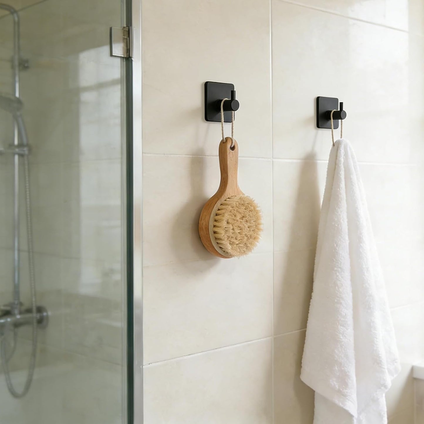 2 Pack Large Heavy Duty Adhesive Hooks, Waterproof Self Adhesive Wall Hangers for Hanging Towel Coat Keys, Strong Sticky Hooks for Bathroom Shower Kitchen Door Outdoor Home Utility （Black