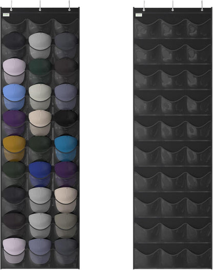 Baseball Hat Rack, 24 Pocket Over-The-Door Hat Organizer with Clear Deep Pockets to Display Baseball Caps Collection, Complete with 3 Over Door Hooks (Black, 24 Pockets)