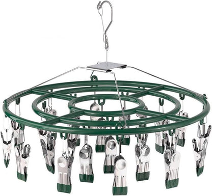 Stainless Steel Clothes Sock Drying Rack with 24 Clips, Swivel Hook Windproof Clothes Hanger Rack for Sock, Bras, Towel, Underwear, Laundry Clothes, Hat, Scarf, Pants, Gloves (Pink Clips)