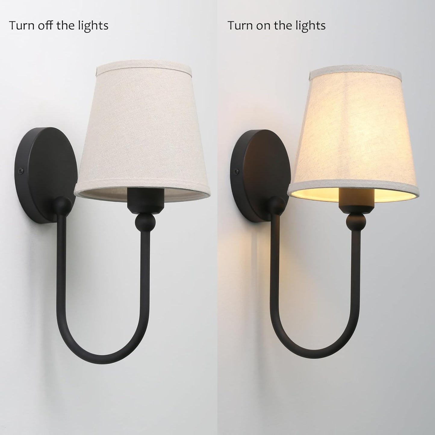 Pathson Antique Linen Fabric Wall Sconces Set of 2, Hardwired Curved Arm Bathroom Vanity Light, Indoor Wall Decor Lamp for Living Room, Kitchen, Bedroom, Foyer