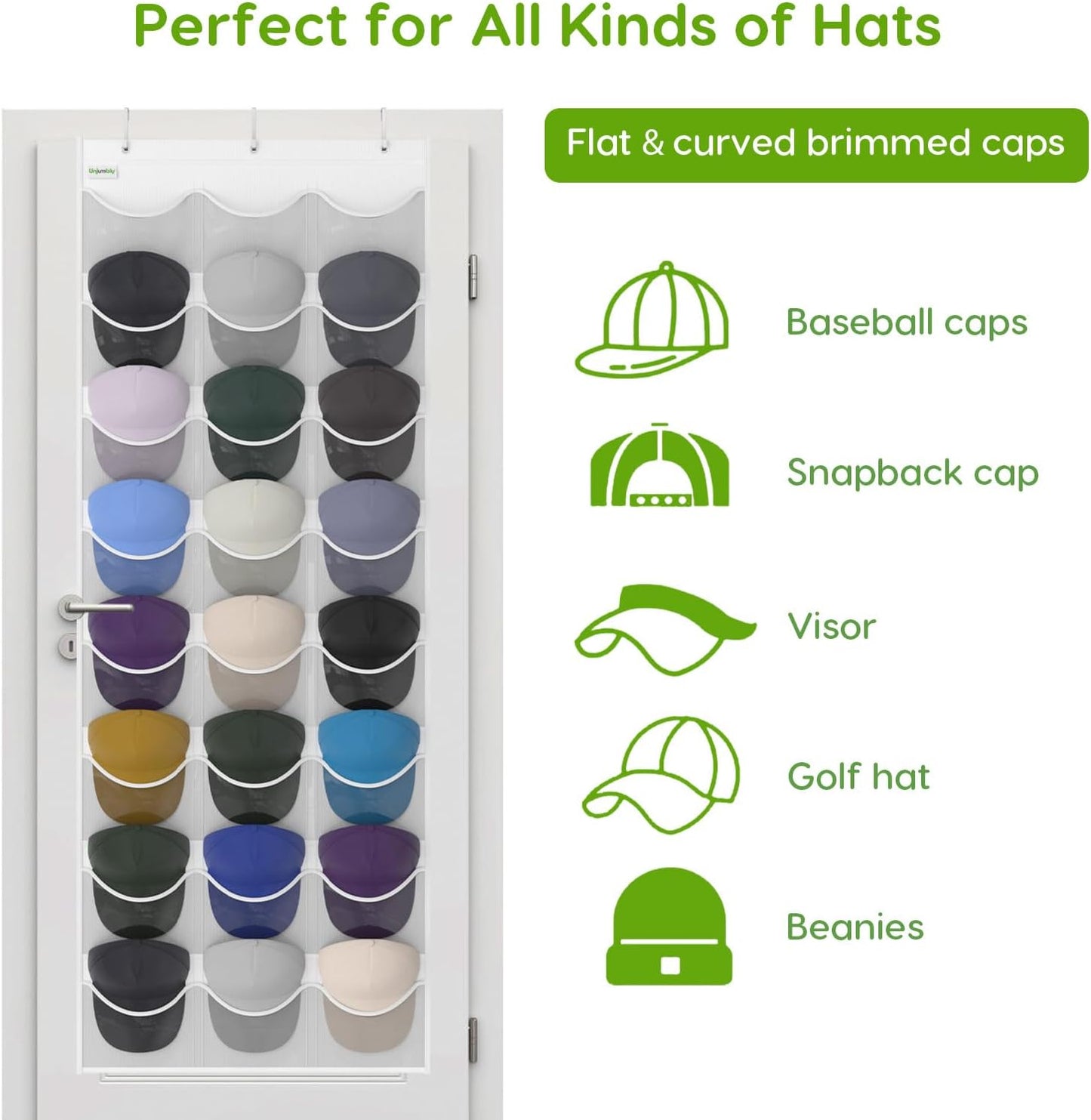 Baseball Hat Rack, 24 Pocket Over-The-Door Hat Organizer with Clear Deep Pockets to Display Baseball Caps Collection, Complete with 3 Over Door Hooks (Black, 24 Pockets)