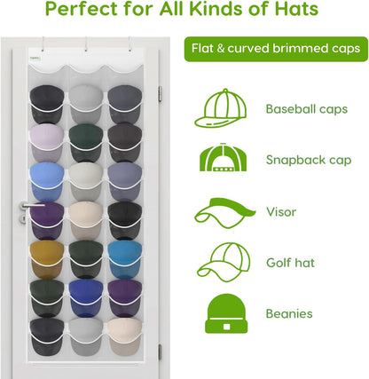 Baseball Hat Rack, 24 Pocket Over-The-Door Hat Organizer with Clear Deep Pockets to Display Baseball Caps Collection, Complete with 3 Over Door Hooks (Black, 24 Pockets)