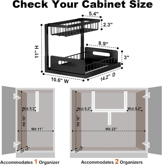 REALINN Under Sink Organizer, Pull Out Cabinet Organizer, 2 Tier Metal Slide Out Shelf with L Shaped Design for Kitchen, Bathroom, Laundry, and Utility Cabinet Storage for Deep Cabinets, White, 2 Pack