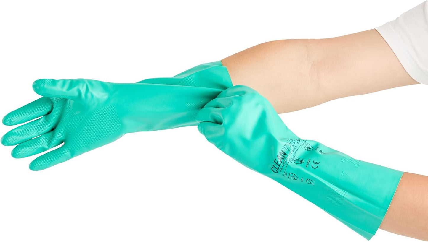 Restaurantware-Clean Tek Professional 15 Mil XXL Cleaning Gloves, 1 Pair Of Long Cuff Gloves - Flock Lining, No-Powder, Green Nitrile Chemical Tolerant Gloves, No-Latex, Heavy-Duty Tasks