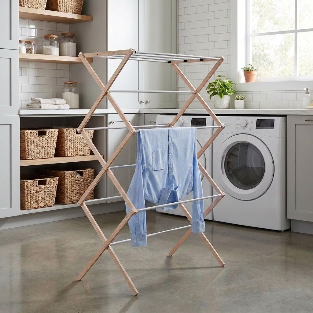 Household Essentials X-Frame Clothes Drying Rack, Stabile Wood Frame with Slanted Feet, Smooth Vinyl Wrapped Rods, 23.8 Feet of Hanging Space, Ready to Assemble, Flat Top, Natural