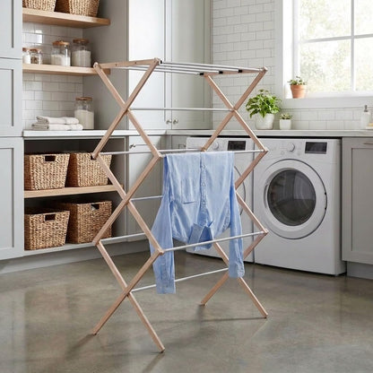 Household Essentials X-Frame Clothes Drying Rack, Stabile Wood Frame with Slanted Feet, Smooth Vinyl Wrapped Rods, 23.8 Feet of Hanging Space, Ready to Assemble, Flat Top, Natural