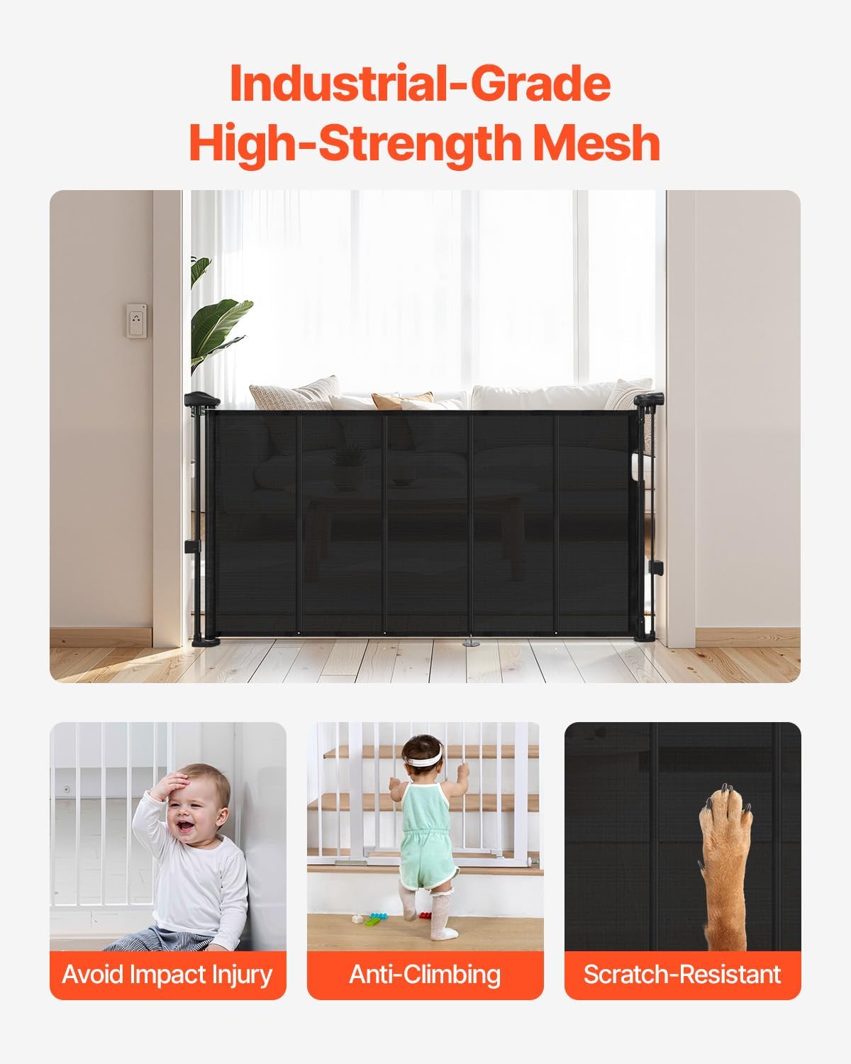 VEVOR Retractable Baby Gate, 34 inch Tall, Extends up to 71 inch Wide, Retractable Gate for Kids or Pets, Mesh Material, Easy to Install for Indoor Stairs, Doorways, Hallways, Playrooms, Gray