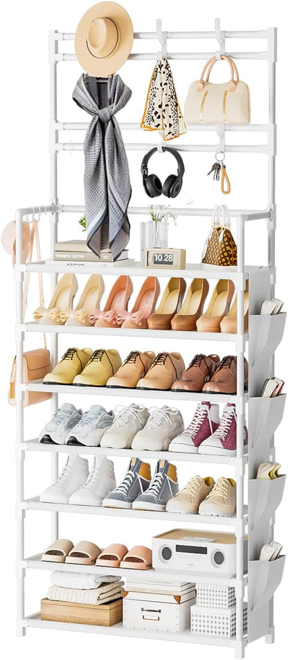 OYREL Shoe Rack 5 Tier Shoe Organizer Storage 15-20 Pairs Shoes Rack for Closet Entrance Shoe Rack Organizer with Hooks and Side Pocket Entryway Shoe Holder Space Saving Free Standing Shoe Racks