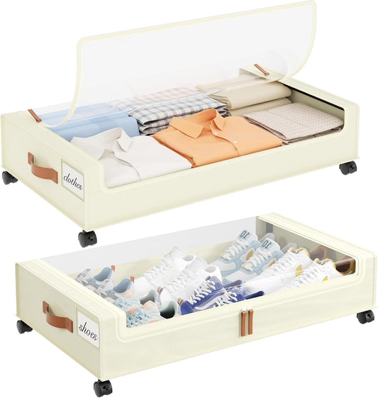 Yecaye Under Bed Storage with Wheels, 2 Pack Under the Bed Storage Containers with Lids & Label, XXL 60L Rolling Underbed Storage Drawers for Clothes, Blankets, Shoes, Black