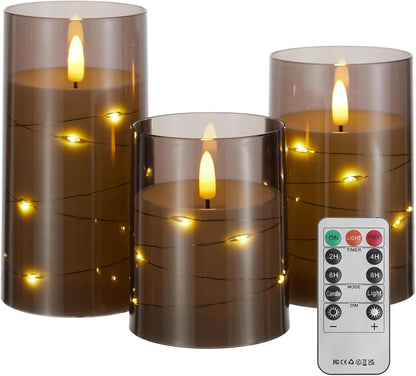 Blue Flameless Candles with Remote, Real Wax Glass Battery Operated Candles with Timer, LED Pillar Candle for Bedroom Home Wedding Birthday Party Fall Halloween Christmas Decorations, Set of 3
