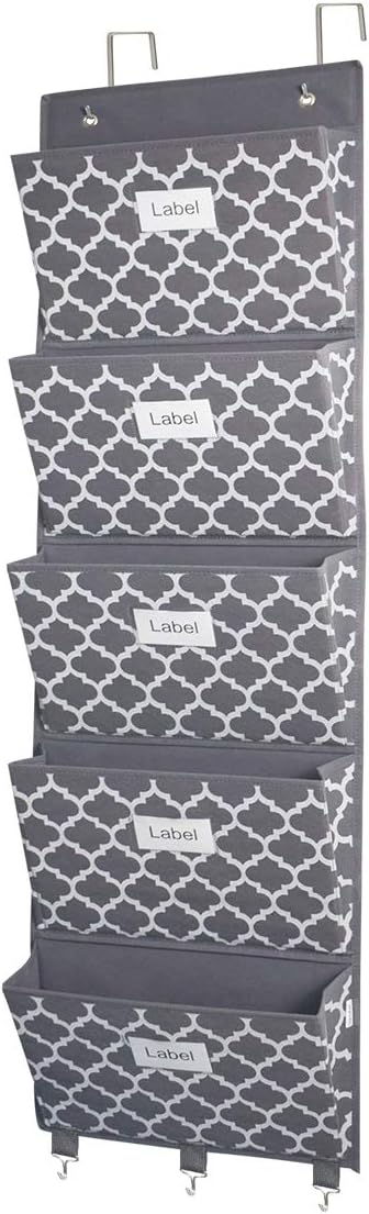 homyfort Over the Door File Organizer, Wall Hanging File Folders with 5 Large Pocket for Mails, Magazines, Back to School Supplies,Office Chart Storage, Paper Organization (Grey)