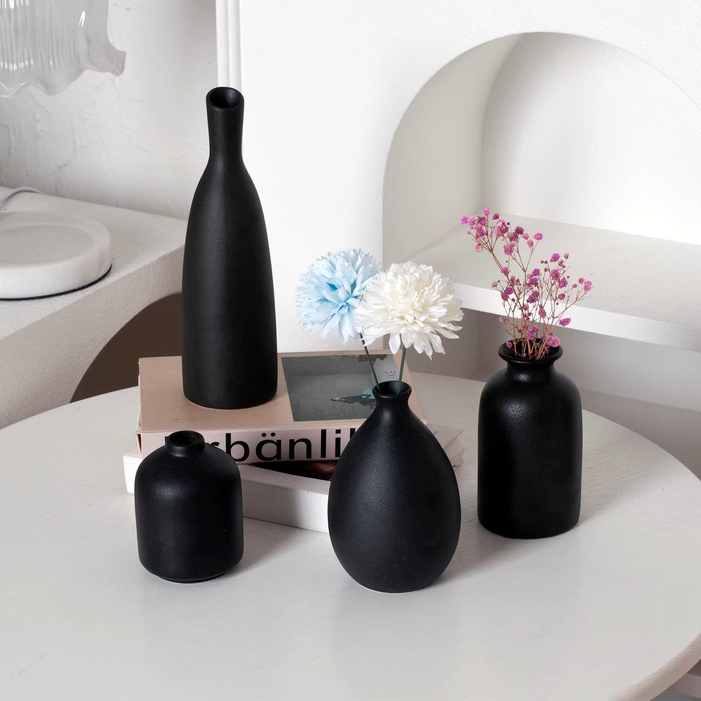 White Ceramic Vase Set of 4, Classic Matte Vases Home Decorations for Table Shelf Office Decor (White)