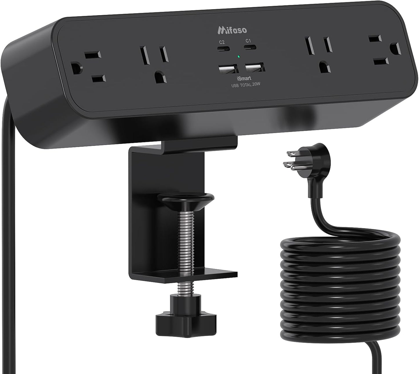 Mifaso PD30W Desk Clamp Power Strip, Surge Protector, Fast Charging Station | 4 Outlets, 4 USB (2 USB C), 5FT Extension Cord, Desk Organizer Gaming Accessories Office Essentials, Fits 1.96" Tabletop Edge