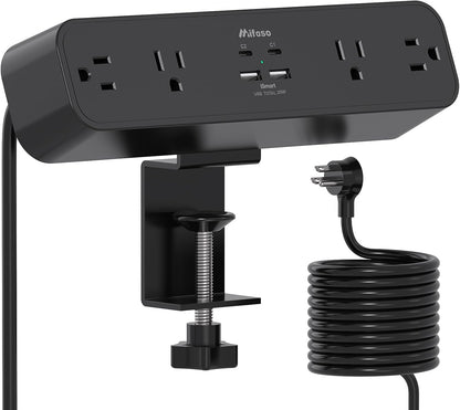 Mifaso PD30W Desk Clamp Power Strip, Surge Protector, Fast Charging Station | 4 Outlets, 4 USB (2 USB C), 5FT Extension Cord, Desk Organizer Gaming Accessories Office Essentials, Fits 1.96" Tabletop Edge
