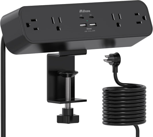 Mifaso PD30W Desk Clamp Power Strip, Surge Protector, Fast Charging Station | 4 Outlets, 4 USB (2 USB C), 5FT Extension Cord, Desk Organizer Gaming Accessories Office Essentials, Fits 1.96" Tabletop Edge