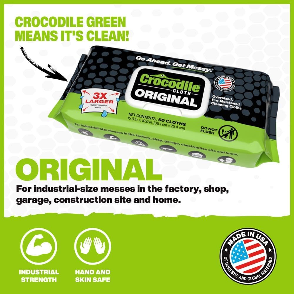 Crocodile Cloth Original Cleaning Wipes, Heavy-Duty Multi-Surface Hand & Tool Wipes, Water-Based, Safe on Skin, 100 Count, 15 x 10 Inch