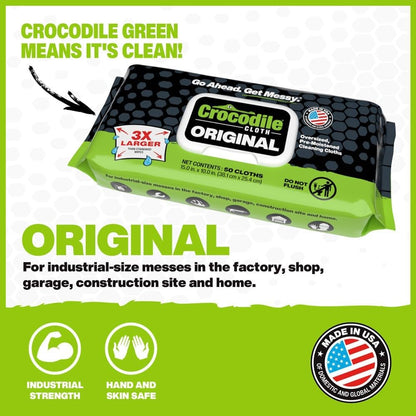 Crocodile Cloth Original Cleaning Wipes, Heavy-Duty Multi-Surface Hand & Tool Wipes, Water-Based, Safe on Skin, 100 Count, 15 x 10 Inch