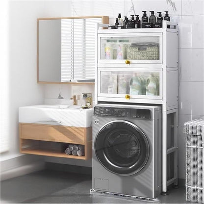Over Washer and Dryer Storage Shelf Freestanding Laundry Room Organizer Cabinet Gap Shelf for Bathroom Utility Room with Doors Space Saver(Black)